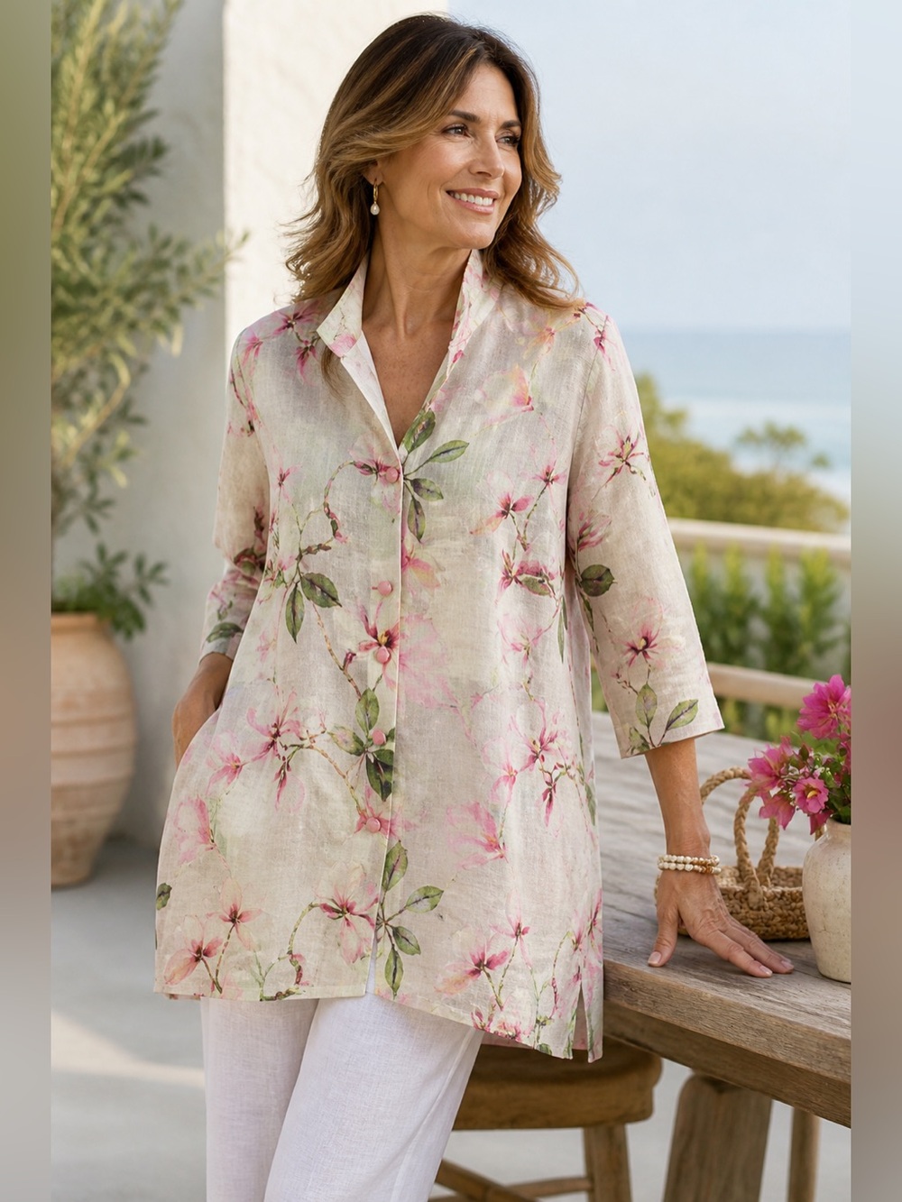 Connie Roberson 100% Linen Floral Tunic Peony Pink XL USA Lagenlook Cottagecore